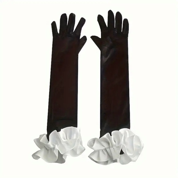 Elegant Black Velvet Long Gloves with White Wavy Edge - Picture 3 of 5